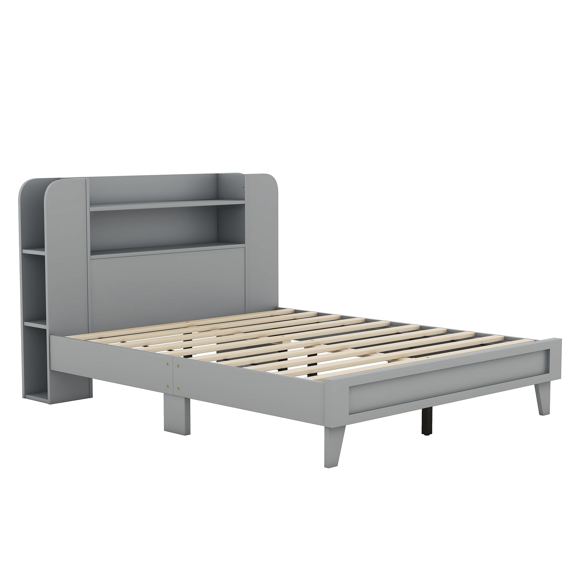 Full Size Platform Bed with Storage Headboard,Multiple Storage Shelves on Both Sides,Grey - Atlantic Fine Furniture Melbourne FL