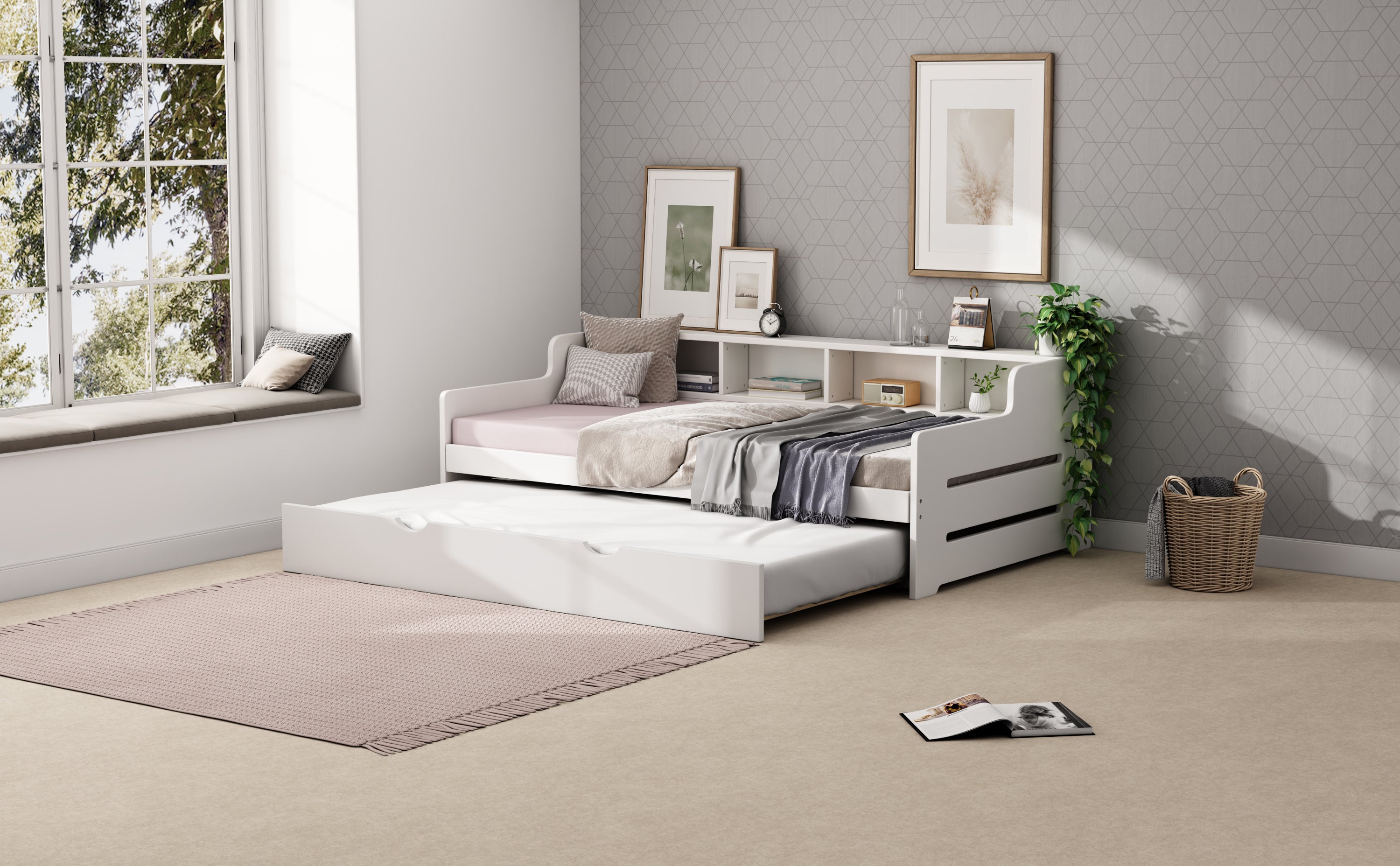 Twin Size Wooden Day Bed with Trundle for Guest Room, Small Bedroom, Study Room, White - Atlantic Fine Furniture Melbourne FL