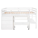 Full Size Low Loft Bed with Rolling Portable Desk, Drawers and Shelves, White(Old SKU: GX000711AAK)
