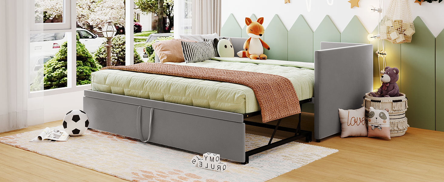 Twin Size Upholstered daybed with Pop Up Trundle, Gray - Atlantic Fine Furniture Melbourne FL