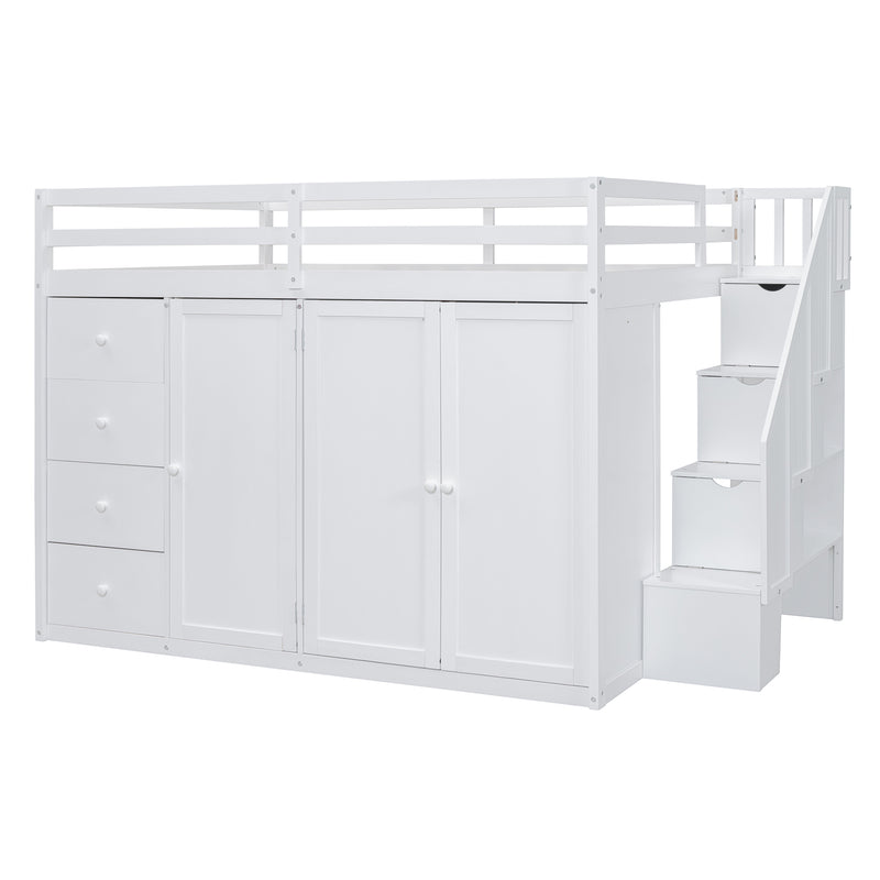 Full Size Wood Loft Bed With Built-in Wardrobes, Cabinets and Drawers, White