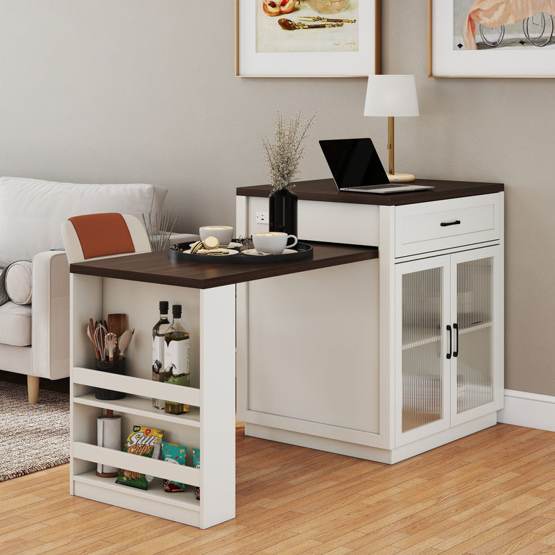 Extendable Kitchen Island With Slide Out Table And Storage Racks For 2 - 6 Person, Power Outlet, Bar, Prep Station - Creamy White / Walnut
