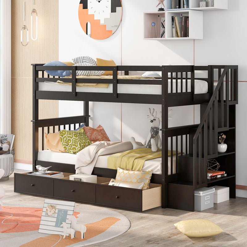 Stairway Twin-Over-Twin Bunk Bed with Three Drawers for Bedroom, Dorm - Espresso(Old sku: LP000309AAP)