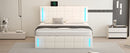 Queen Size Upholstered Bed with LED Lights,Hydraulic Storage System and USB Charging Station,White