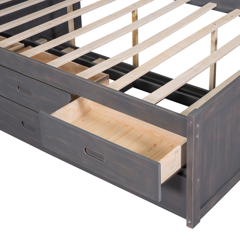 Full Size Platform Bed with Storage Headboard, Charging Station, Twin Size Trundle and 3 Drawers, Antique Brown
