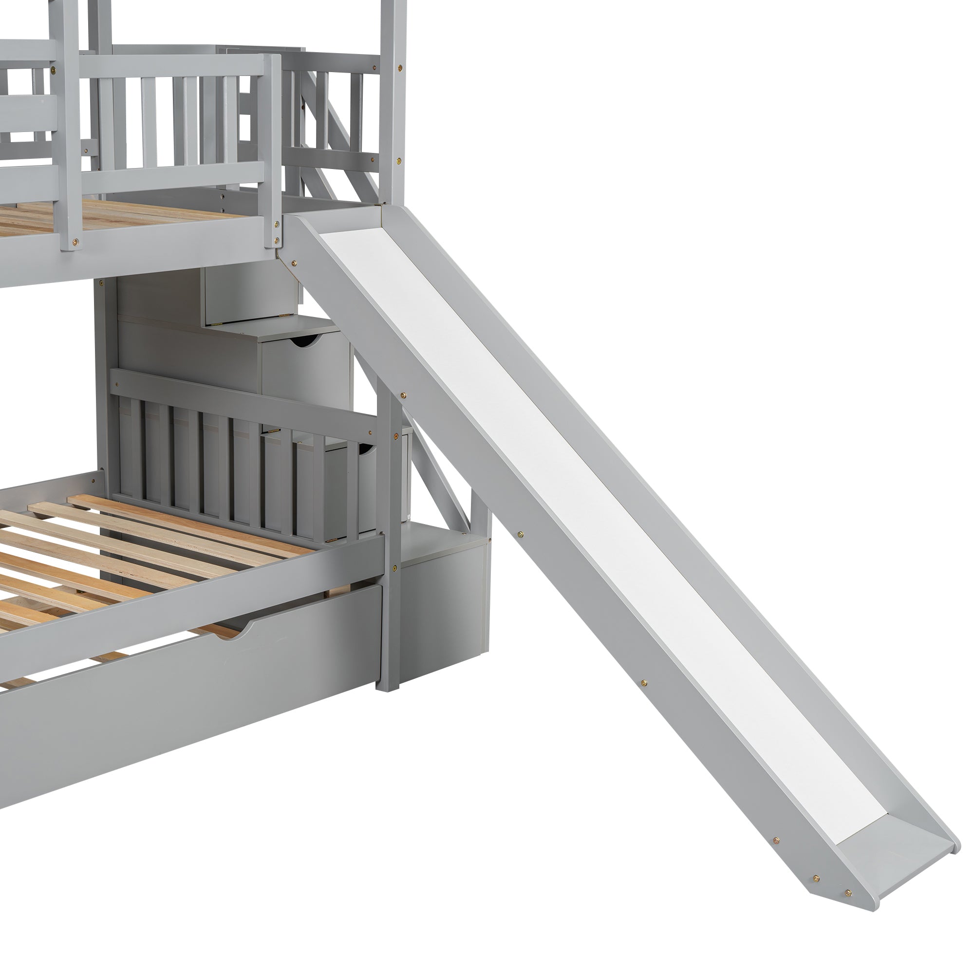 Twin over Twin House Bunk Bed with Trundle and Slide, Storage Staircase, Roof and Window Design, Gray(Old SKU: GX000931AAE) - Atlantic Fine Furniture Melbourne FL