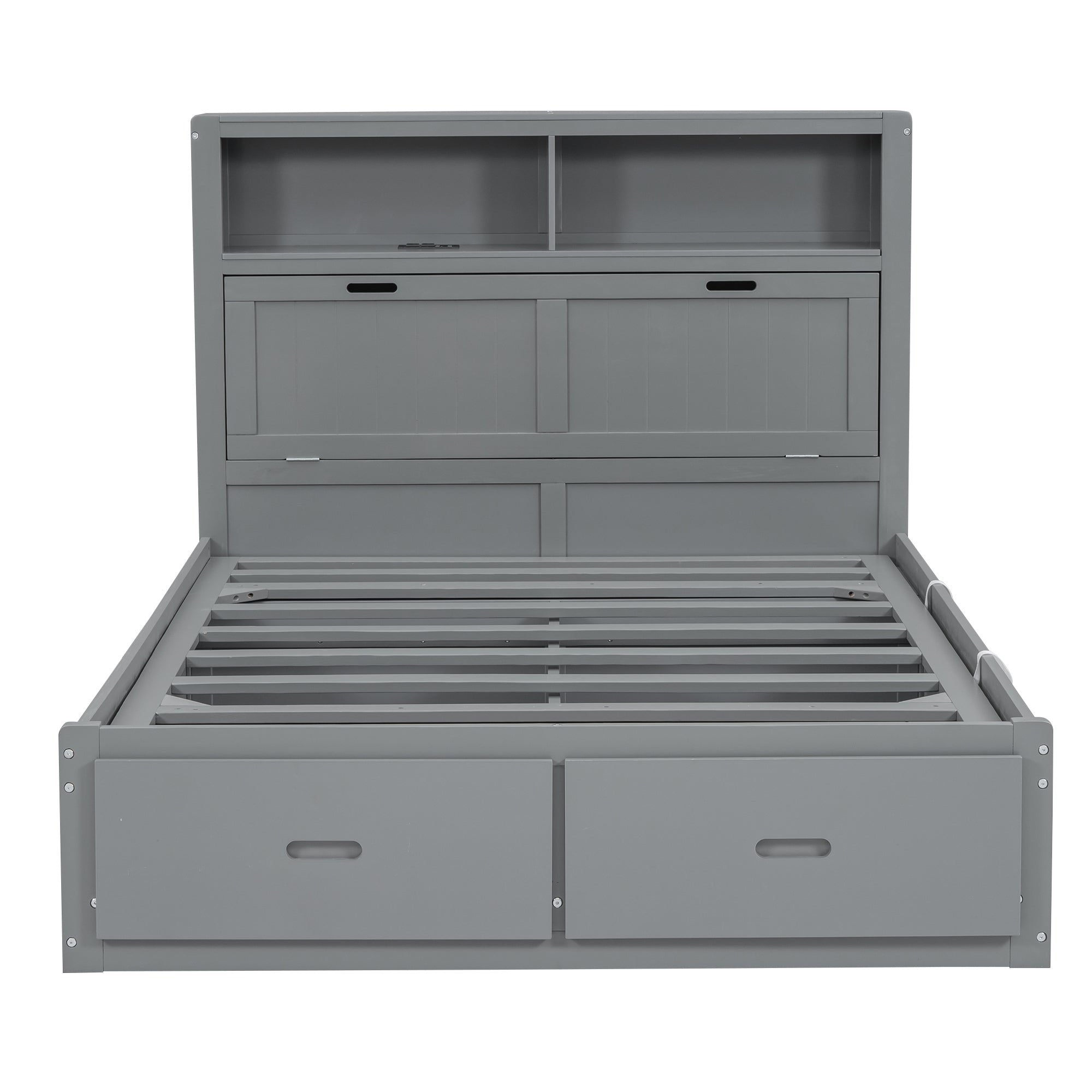 Wood Queen Size Hydraulic Platform Bed with Storage LED Headboard, Charging Station and 2 Drawers, Gray - Atlantic Fine Furniture Melbourne FL