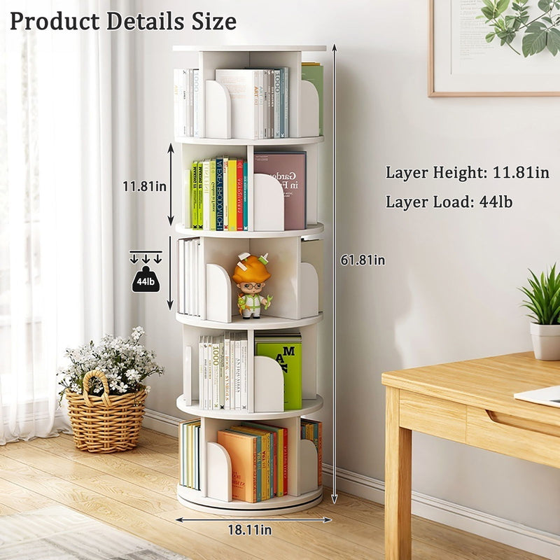 5 Tier Rotating Bookshelf, 360° Spinning Design, Space Saving Storage, For Home And Office - White