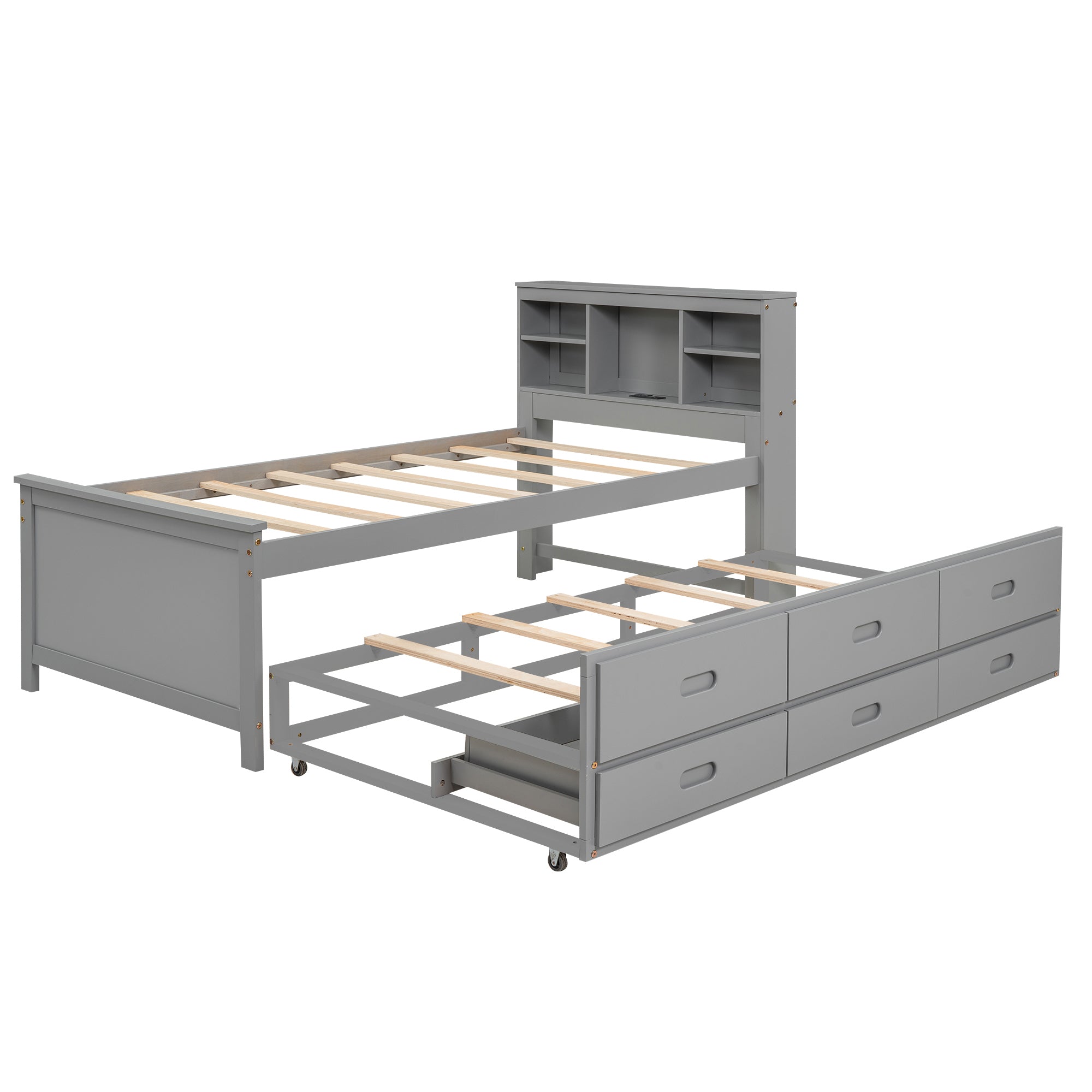 Twin Size Platform Bed with Storage Headboard, USB, Twin Size Trundle and 3 Drawers, Gray - Atlantic Fine Furniture Melbourne FL