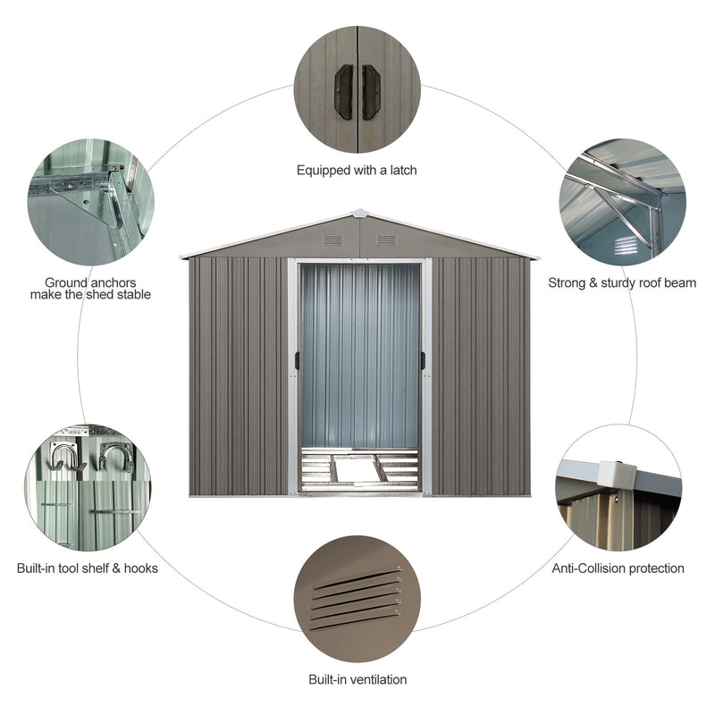 8X10Ft Outdoor Metal Storage Shed - Gray