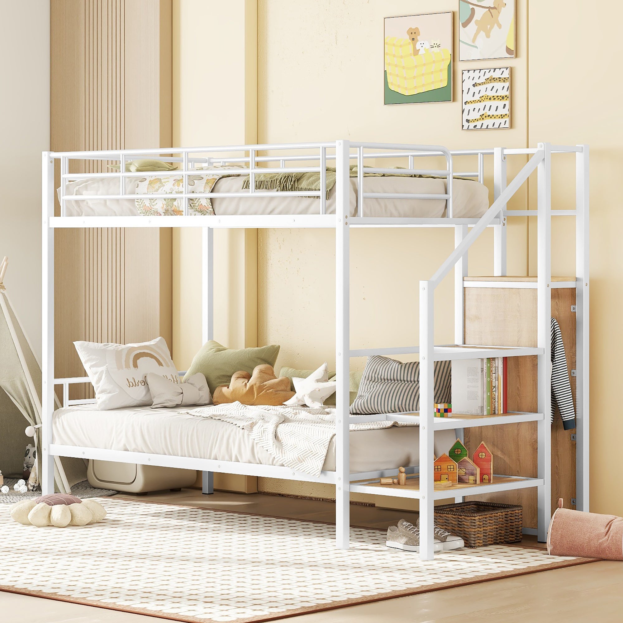 Twin Over Twin Metal Bunk Bed with Lateral Storage Ladder and Wardrobe, White - Atlantic Fine Furniture Melbourne FL