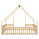 Wood House-Shaped Floor Bed With Fence, Guardrails