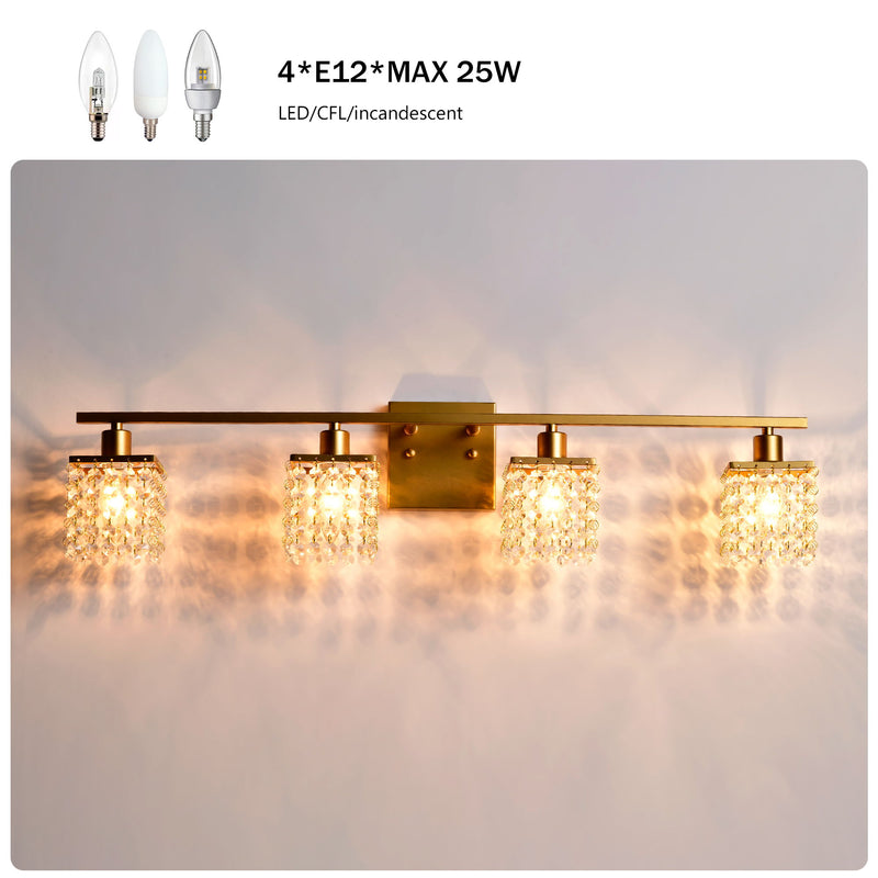 4 Light Bathroom Light, Modern Vanity Lights With Crystal Shade, Vintage Light Fixture Bathroom Over Mirror Wall Lights For Kitchen Dinning Room Bedroom Hallway (Does Not Include Light Bulbs) - Gold