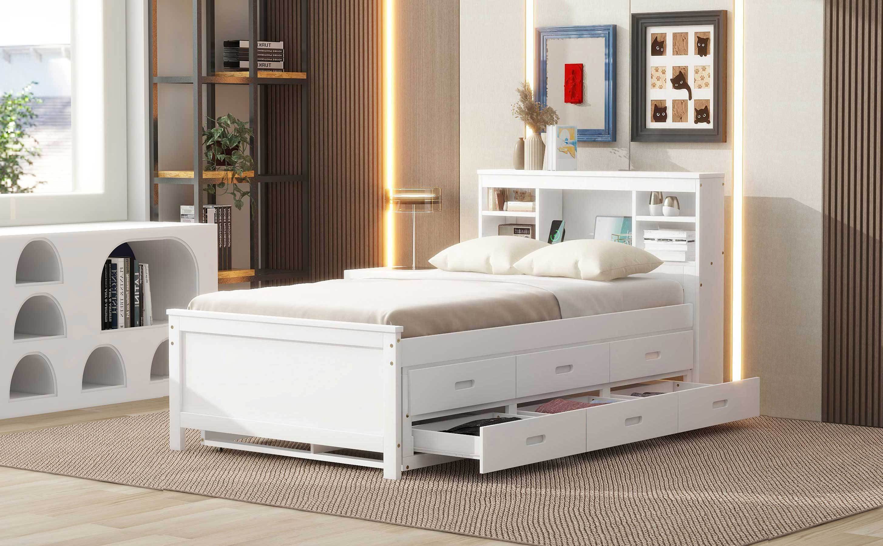 Twin Size Platform Bed with Storage Headboard, USB, Twin Size Trundle and 3 Drawers, White - Atlantic Fine Furniture Melbourne FL