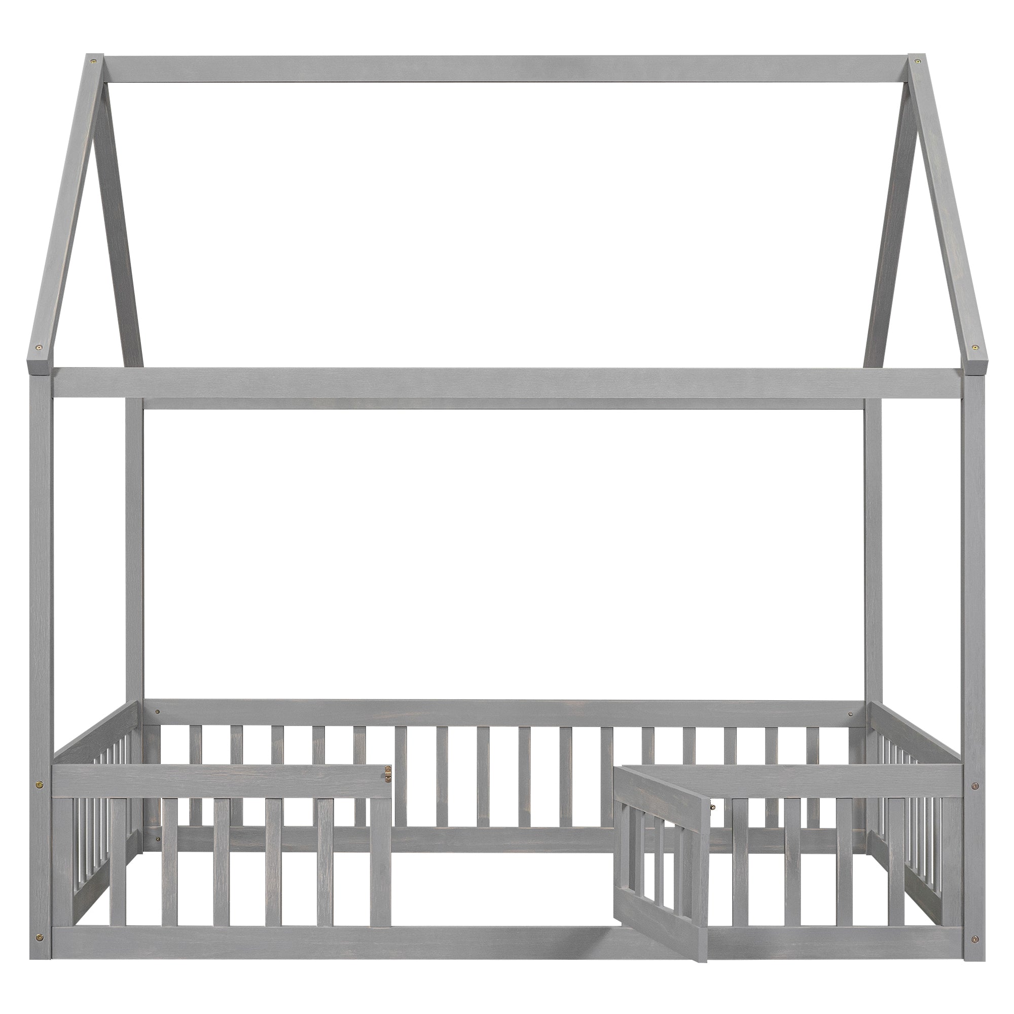 Full Size Wood House Bed with Fence and Door, Gray Wash - Atlantic Fine Furniture Melbourne FL