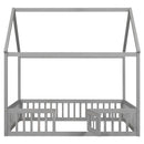 Full Size Wood House Bed with Fence and Door, Gray Wash