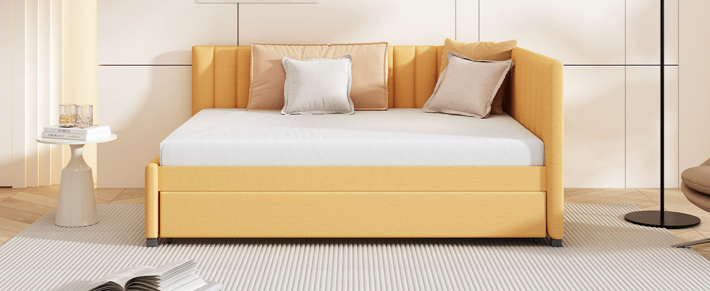 Full Size Upholstered Daybed with Trundle Sofa Bed Frame No Box Spring Needed, Linen Fabric(Yellow) - Atlantic Fine Furniture Melbourne FL