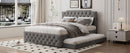 Queen Size Upholstered Platform Bed with Twin Size Trundle and 2 sets of USB Ports on each side, Linen Fabric, Gray