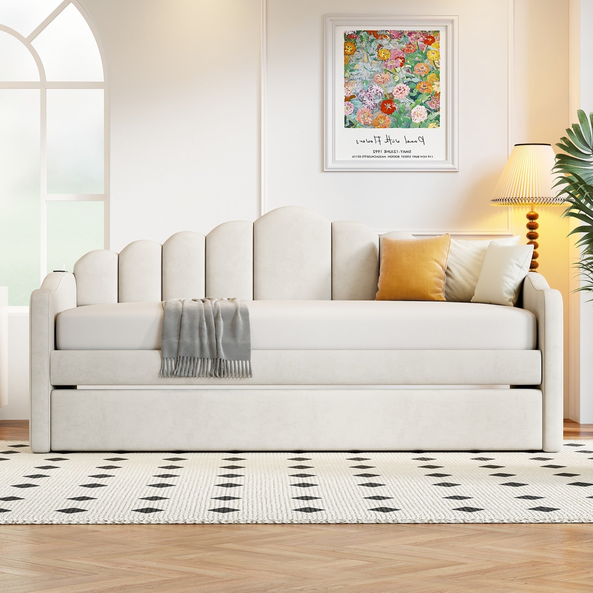 Twin size Upholstered Daybed with Trundle ,Velvet Sofabed with USB Charging Ports,No Box-spring Needed,Beige - Atlantic Fine Furniture Melbourne FL