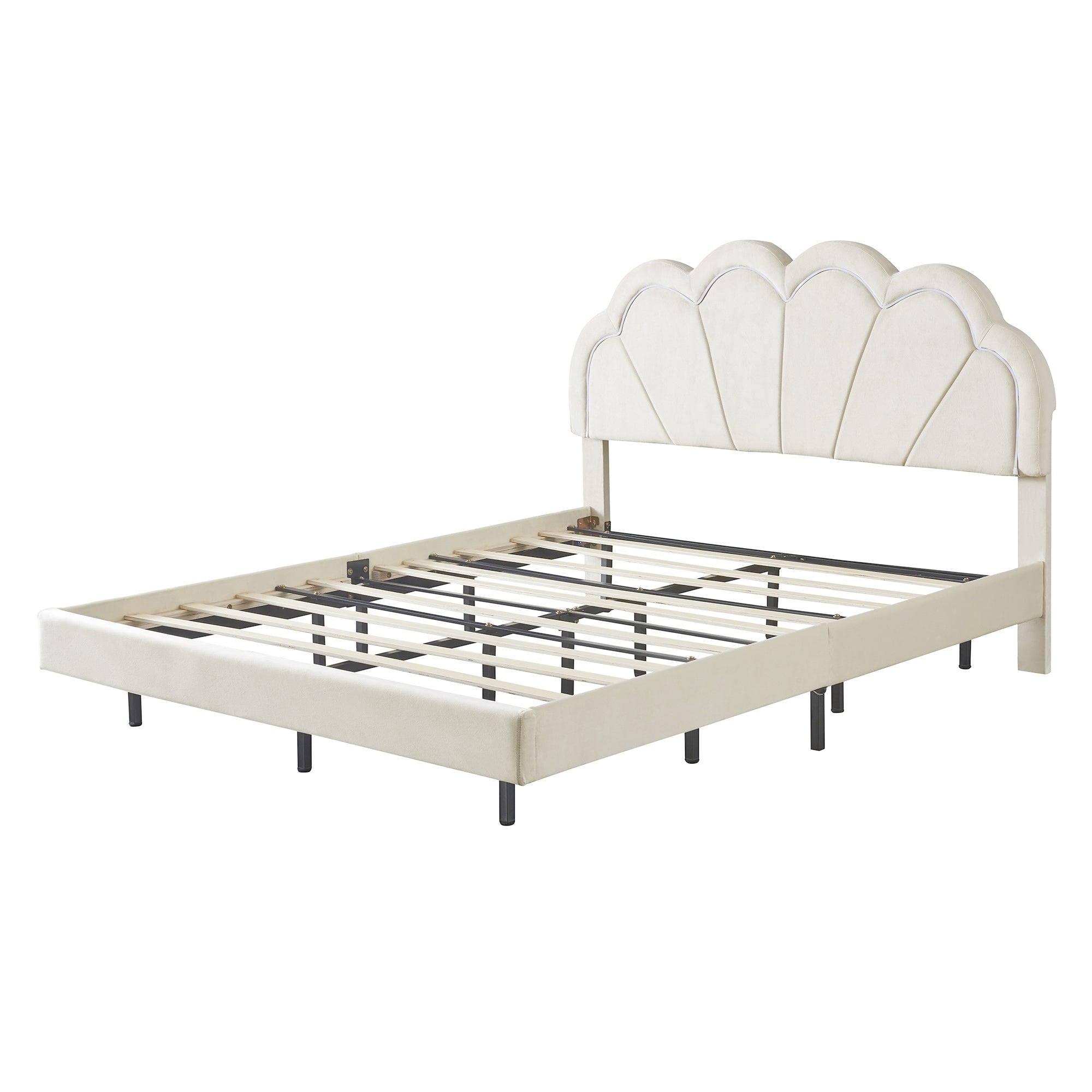 Queen Upholstered Smart LED Bed Frame with Elegant Flowers Headboard,Floating Velvet Platform LED Bed with Wooden Slats Support,Beige - Atlantic Fine Furniture Melbourne FL