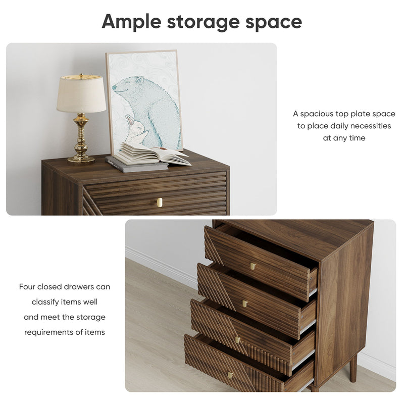 Modern 4 Drawer Dresser Chest For Living Room, Bedroom, Corridor Wooden Storage Cabinet - Walnut