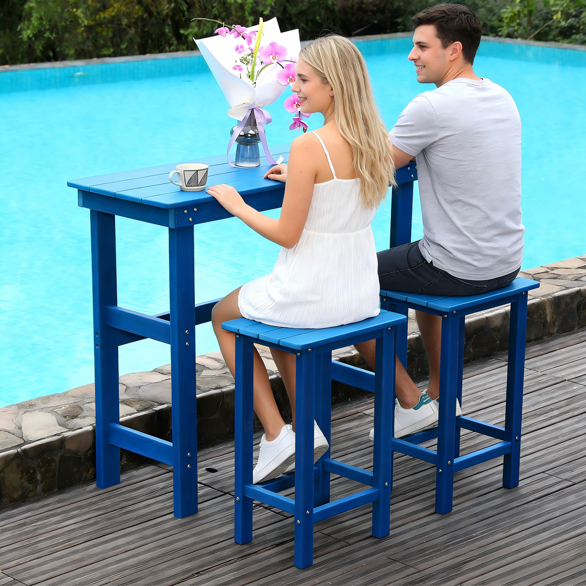 Patio Life Adirondack Outdoor Bar Table with 2 Bar Stools - Lake Blue