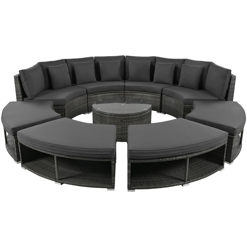 Outdoor Patio Furniture Luxury Circular Sofa Set Rattan Wicker Sectional Sofa Lounge Set With Tempered Glass Coffee Table, 6 Pillows