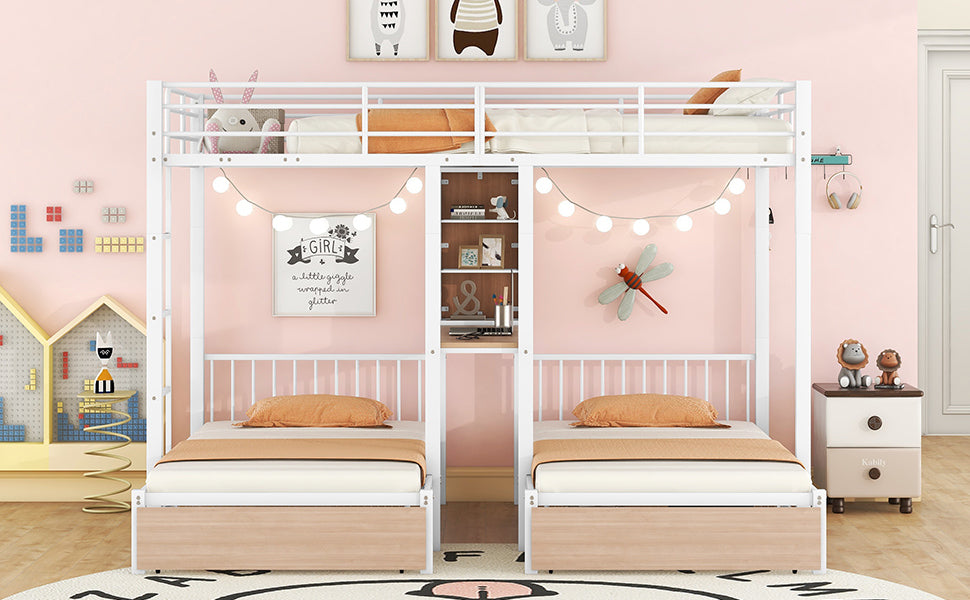 Full Over Twin & Twin Triple Bunk Bed with Drawers, Multi-functional Metal Frame Bed with desks and shelves in the middle, White - Atlantic Fine Furniture Melbourne FL