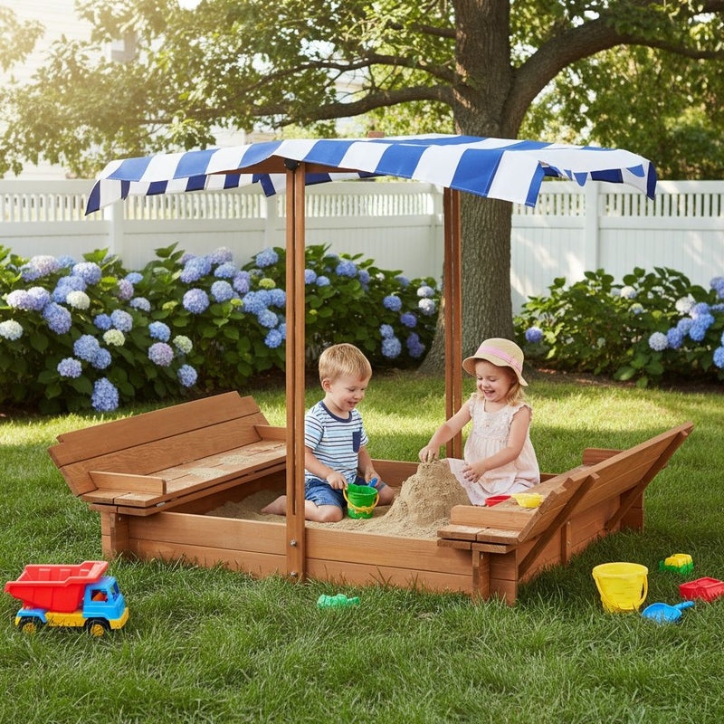 Kids Sandbox With Adjustable Cover, Sand Box With 2 Foldable Bench Seats, Outdoor Sandpit For Backyard Play - Light Brown