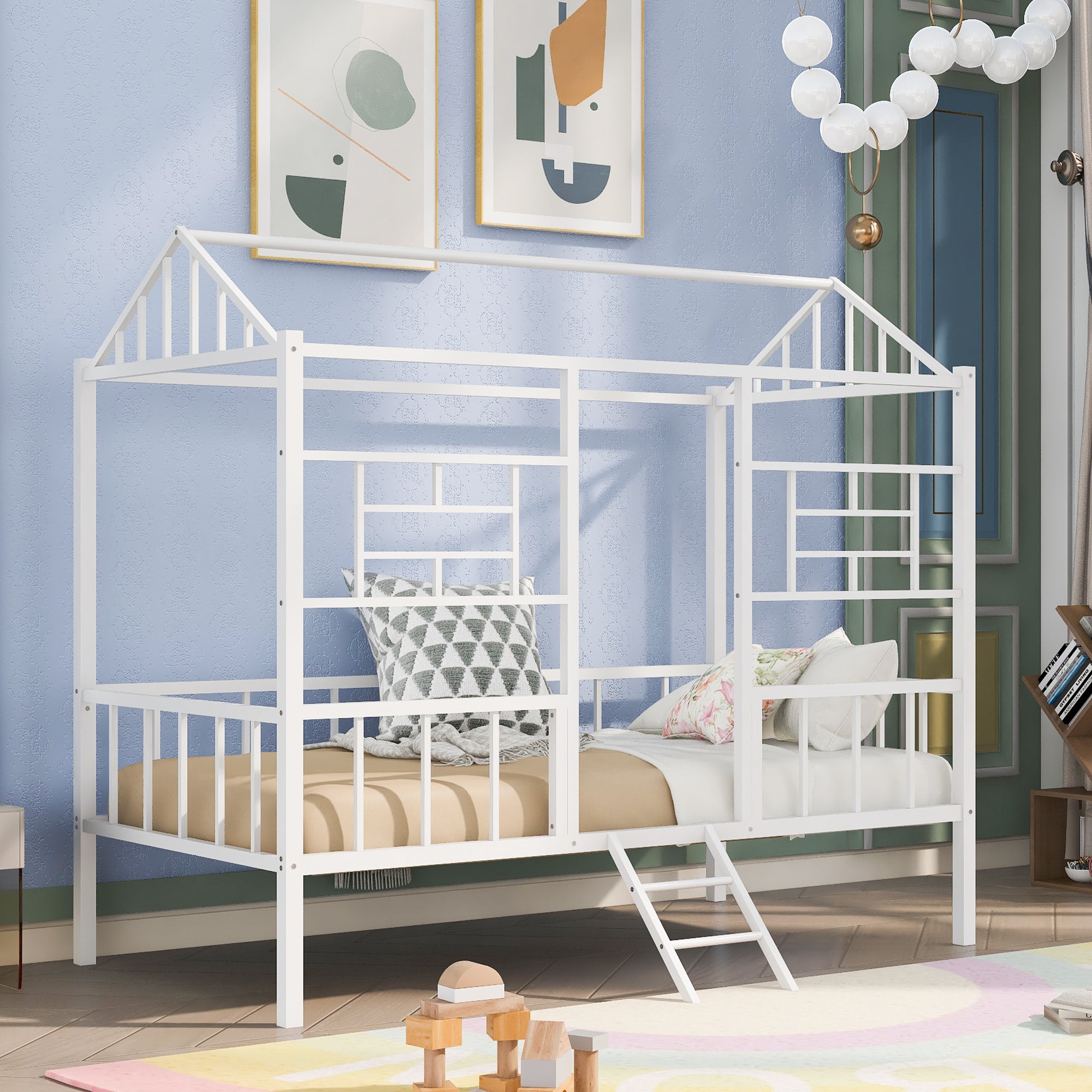 Metal House Bed Frame Twin Size with Slatted Support No Box Spring Needed White - Atlantic Fine Furniture Melbourne FL