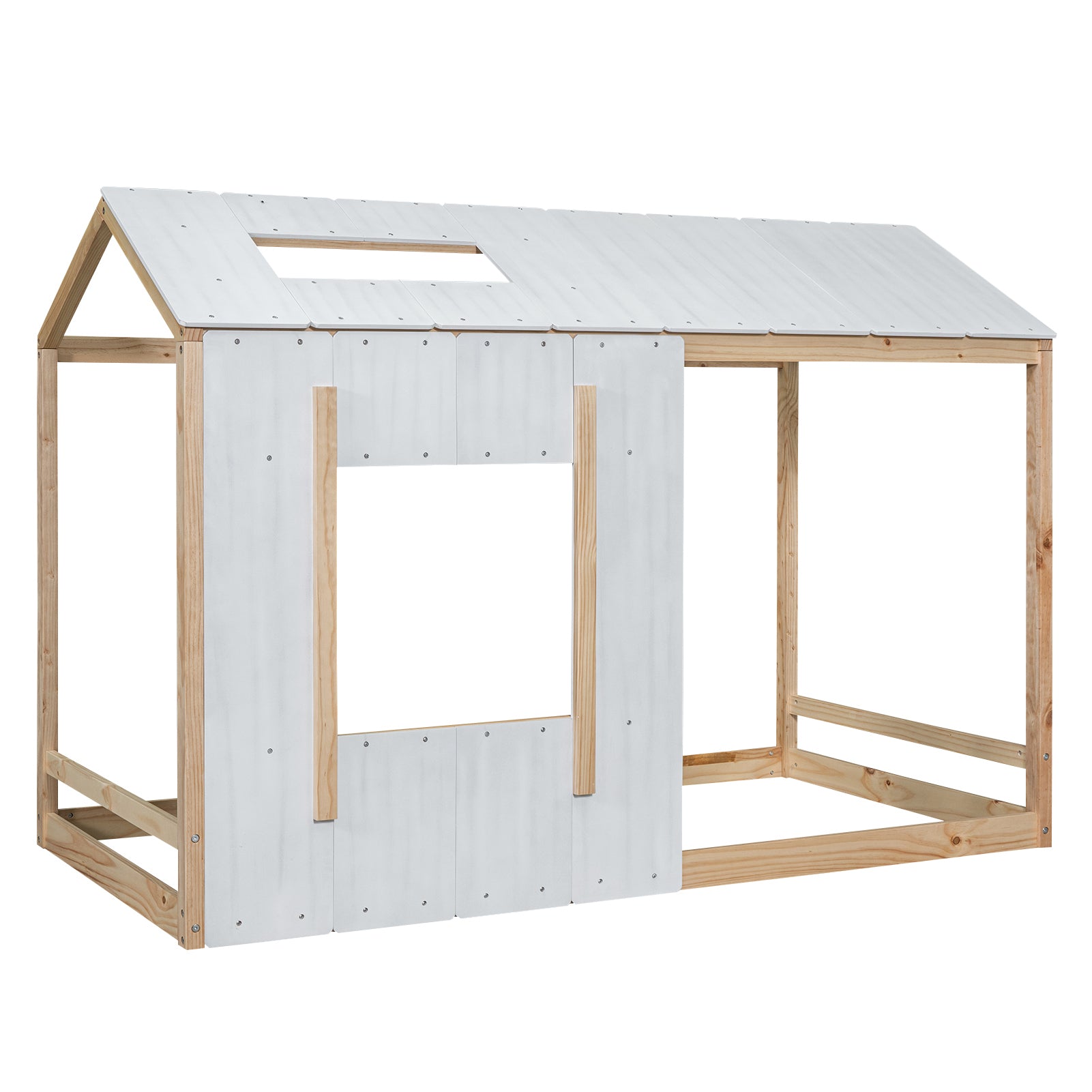 Twin Size House Platform with Roof and Window , White+Natural - Atlantic Fine Furniture Melbourne FL