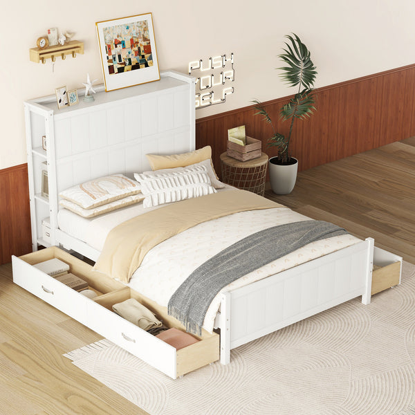 Full Size Platform Bed with Drawers and Storage Shelves, White