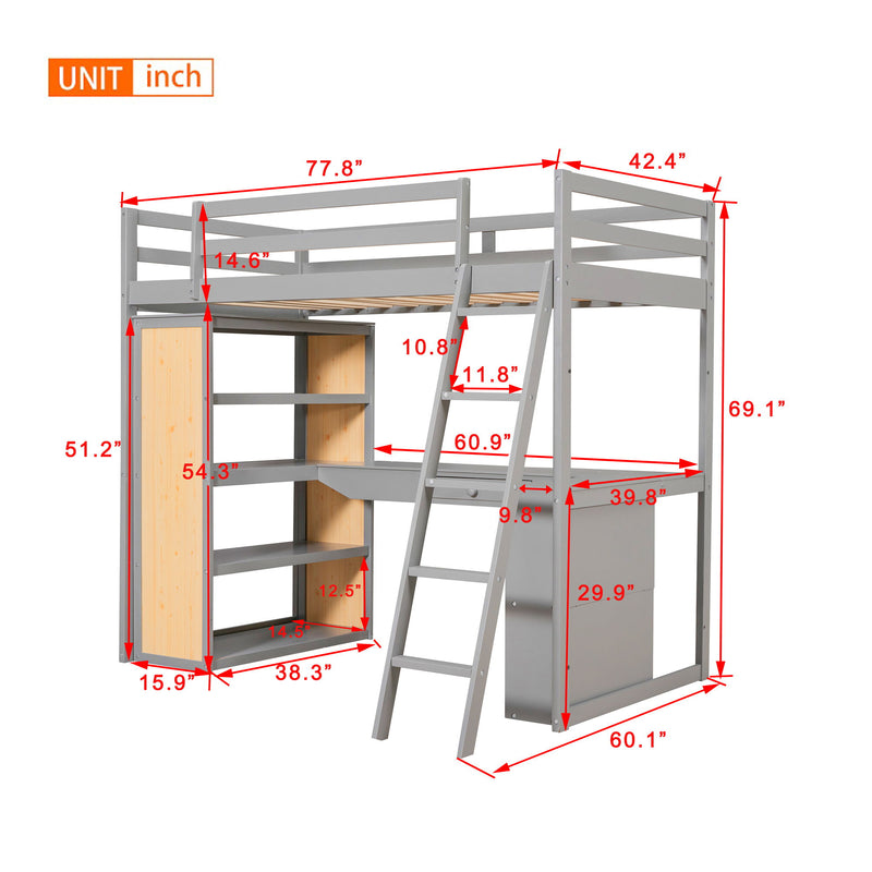 Loft Bed With Ladder, Shelves, And Desk