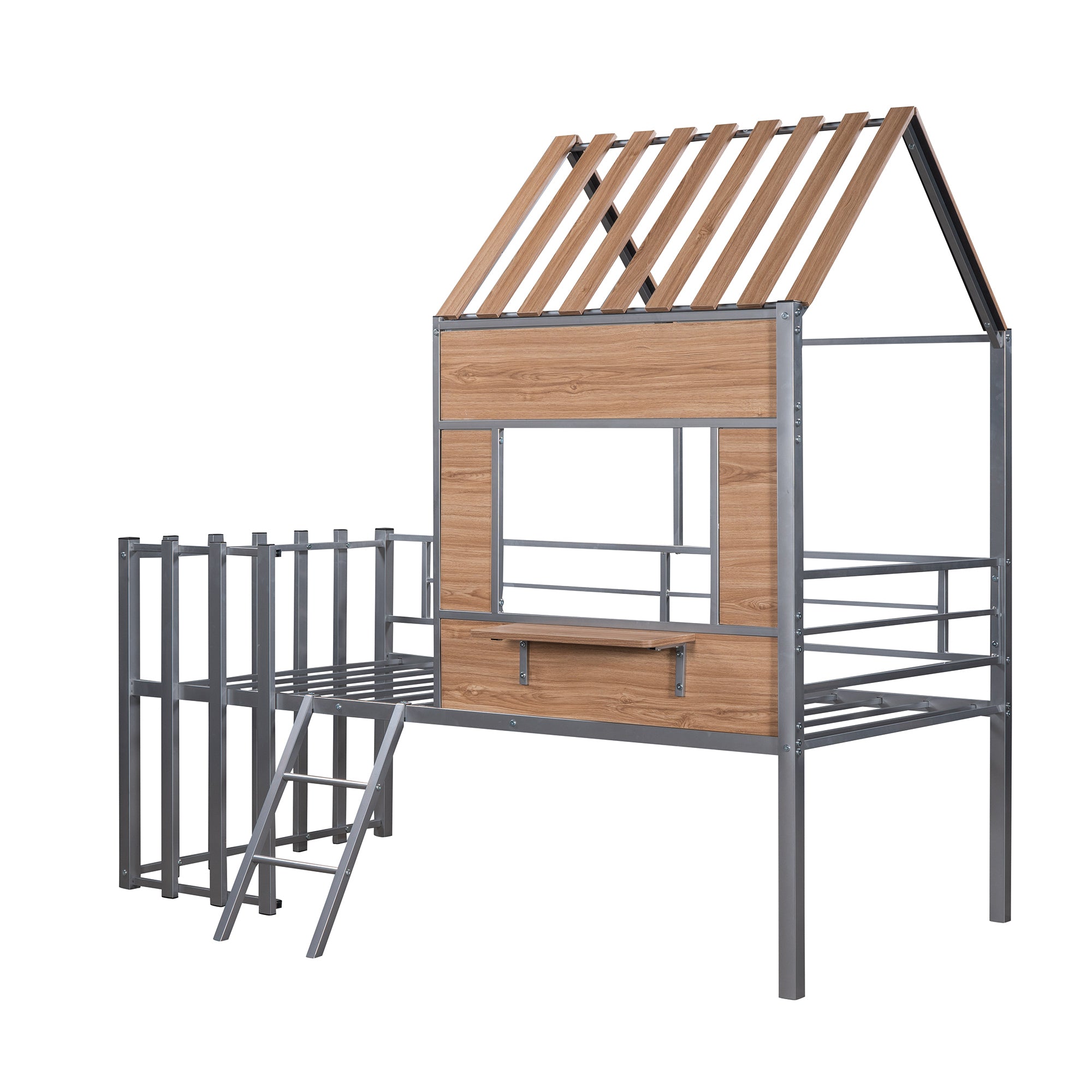 Metal Twin size Loft Bed with Roof, Window, Guardrail, Ladder Silver - Atlantic Fine Furniture Melbourne FL