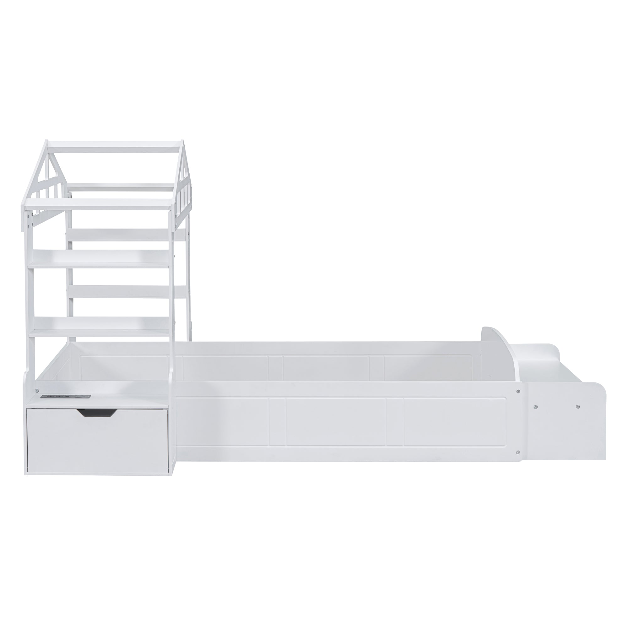 Twin Size House Bed with Bench, Socket and Shelves, White