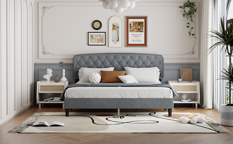 King size Adjustable Headboard with Fine Linen Upholstery and Button Tufting for Bedroom,  Wave Top  LIGHT GREY
