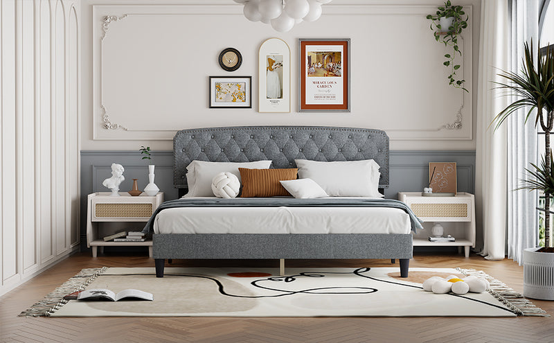 King size Adjustable Headboard with Fine Linen Upholstery and Button Tufting for Bedroom,  Wave Top  LIGHT GREY