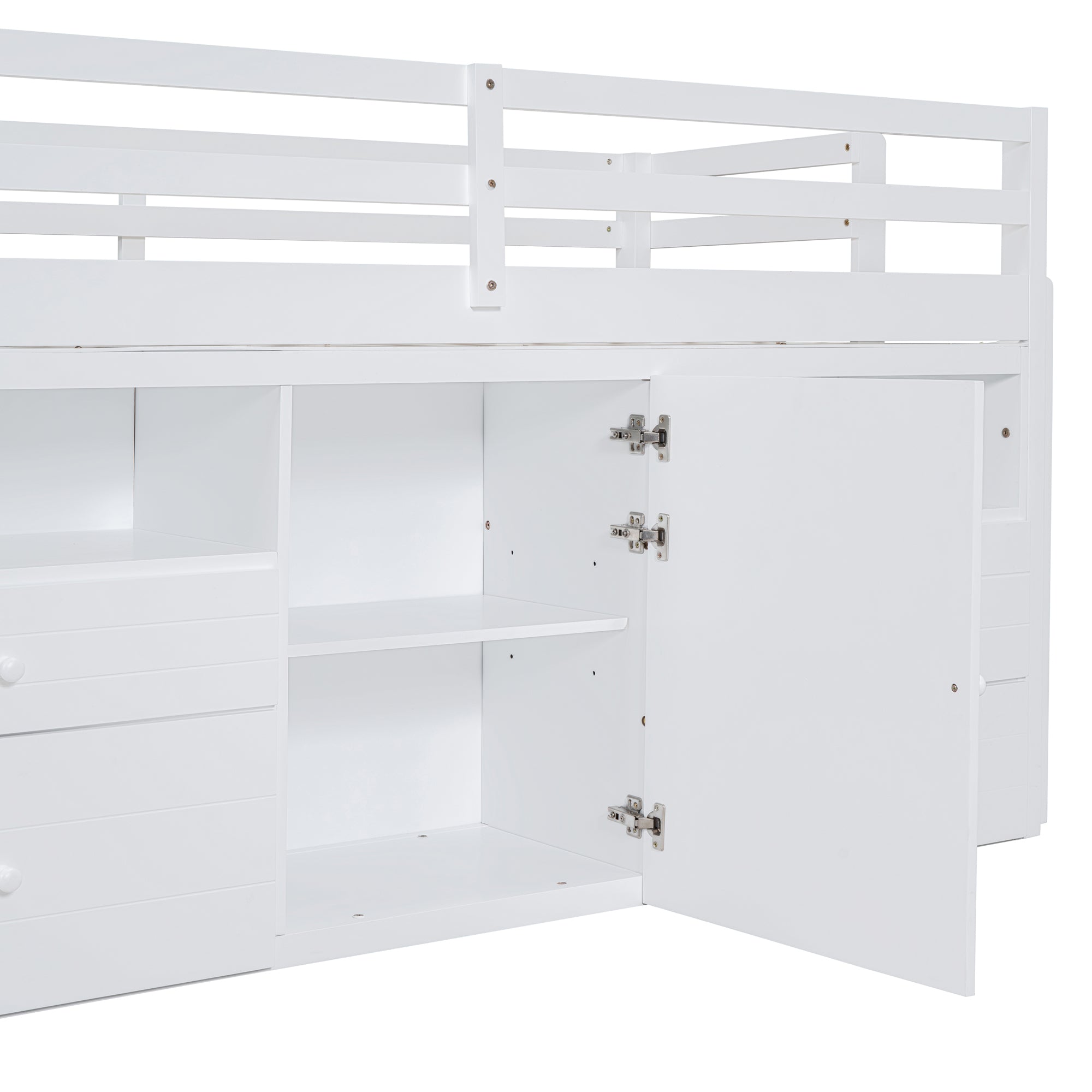 Twin Size Loft Bed with 4 Drawers, Underneath Cabinet and Shelves, White - Atlantic Fine Furniture Melbourne FL