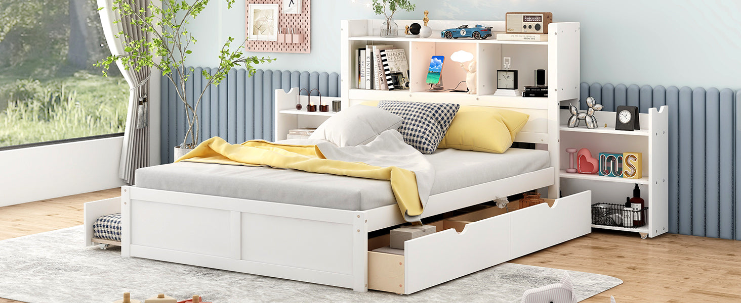 Full Size Storage Platform Bed with Pull Out Shelves, Twin Size Trundle and 2 Drawers, White - Atlantic Fine Furniture Melbourne FL