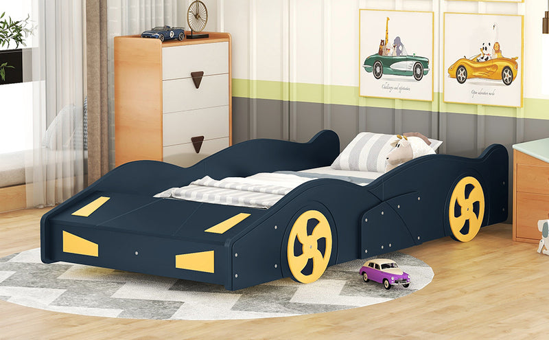 Twin Size Race Car-Shaped Platform Bed with Wheels and Storage, Dark Blue+Yellow