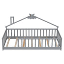 Twin House-Shaped Bedside Floor Bed with Guardrails, Slats, without Door ,Grey
