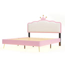 Full size Upholstered Princess Bed With Crown Headboard,Full Size Platform Bed with Headboard and Footboard with Light Strips,Golden Metal Legs, White+Pink