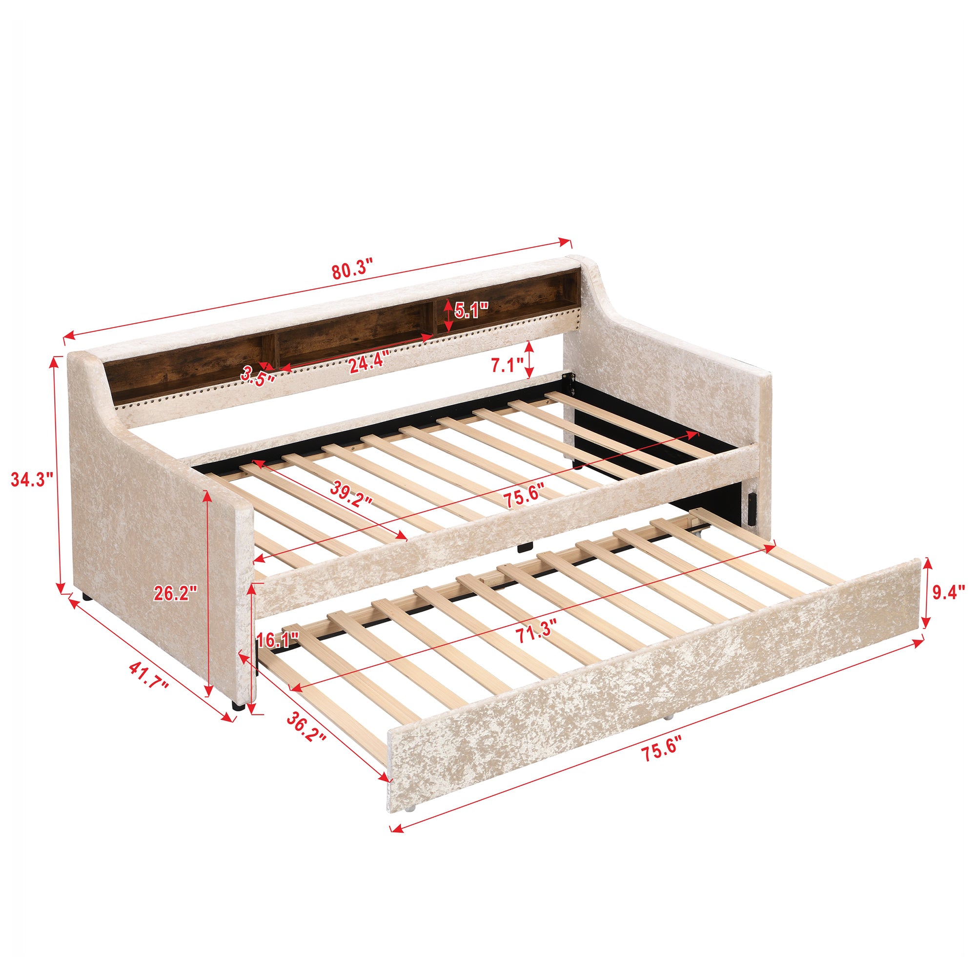 Twin Size Snowflake Velvet Daybed with Trundle and Built-in Storage Shelves,Beige - Atlantic Fine Furniture Melbourne FL