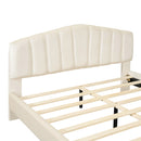 Queen Size Velvet Platform Bed with Thick Fabric, Stylish Stripe Decorated Bedboard and Elegant Metal Bed Leg, Beige