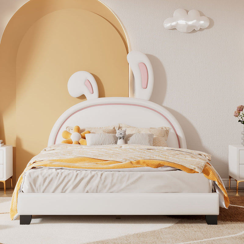 Upholstered Leather Platform Bed With Rabbit Ornament