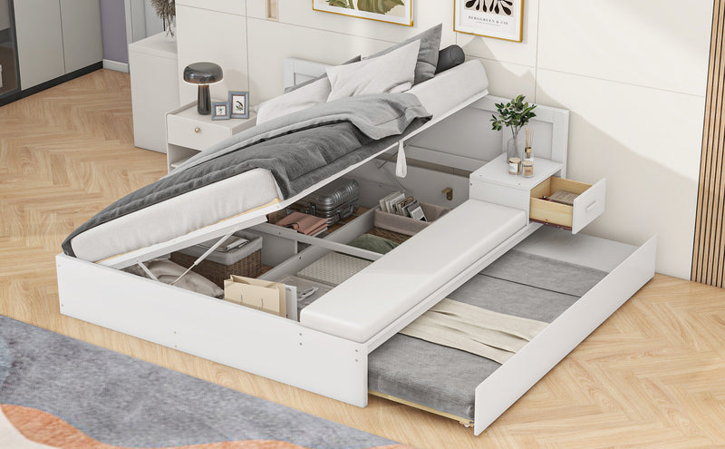 Full Size Wood Storage Hydraulic Platform Bed with Twin Size Trundle, Side Table and Lounge, White