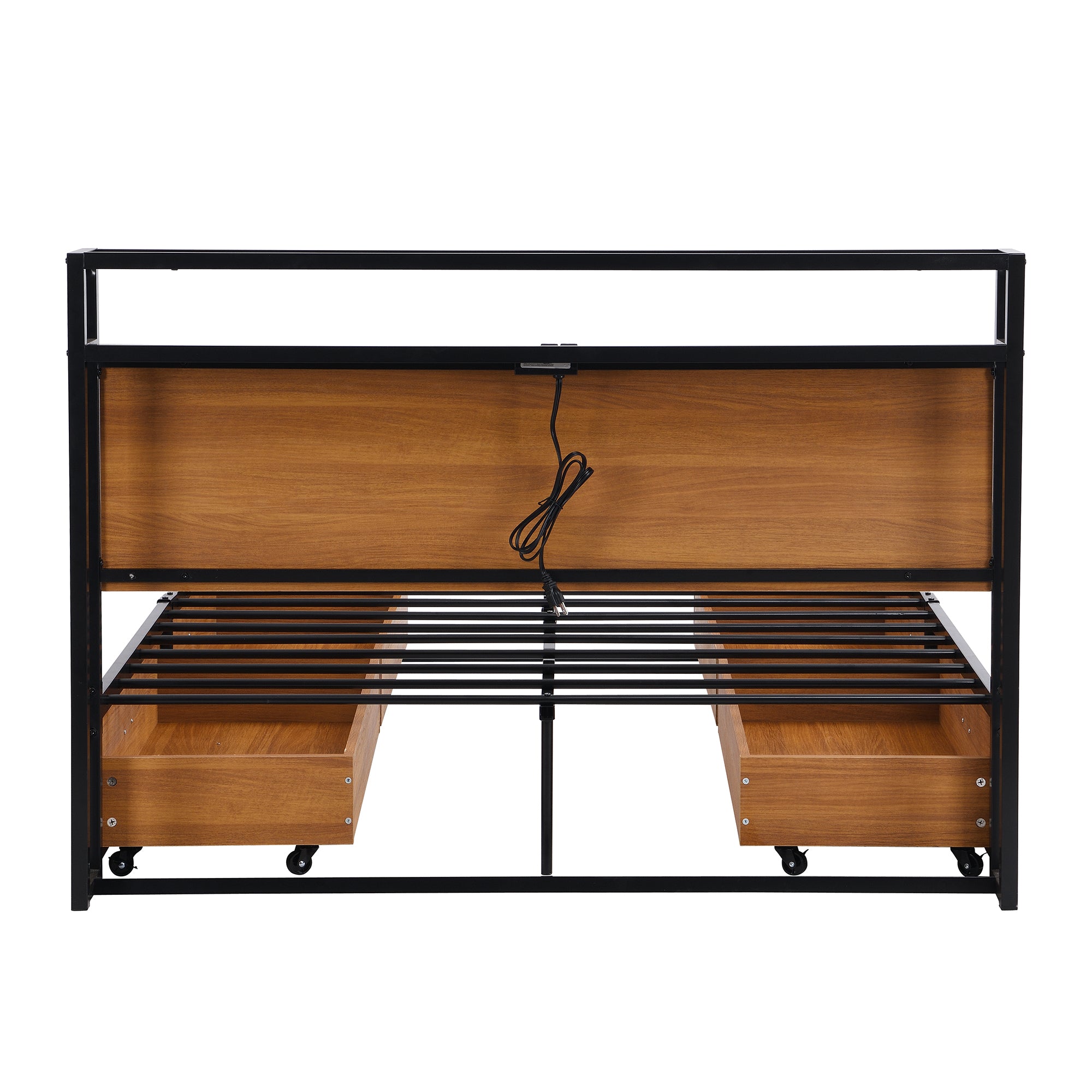 Full Size Metal Platform Bed Frame with  Four Drawers,Sockets and USB Ports ,Slat Support No Box Spring Needed Black - Atlantic Fine Furniture Melbourne FL