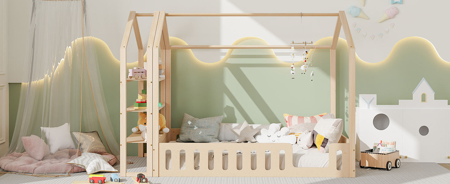 Full Size Wood House Bed with Fence and Detachable Storage Shelves, Natural