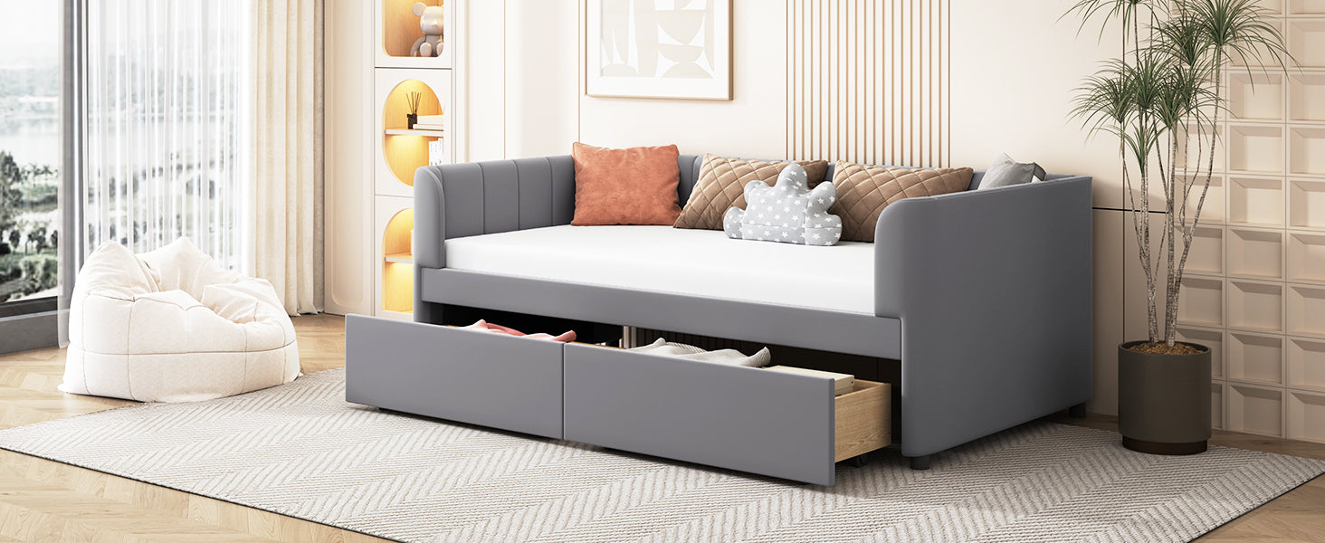 Twin Size Upholstered Daybed with Ergonomic Design Backrest and 2 Drawers, Gray - Atlantic Fine Furniture Melbourne FL