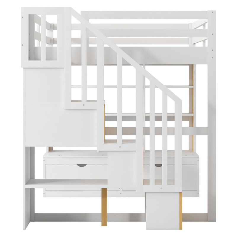 Full Size Loft Bed With Desk And Shelves, 2 Built In Drawers, Storage Staircase - Natural / White